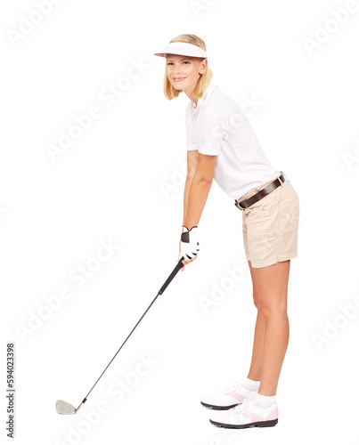Portrait, golf and PNG with a sports woman isolated on a transparent background for fitness or recreation. Happy, smile and hobby with an attractive young female golfer holding a club during a game
