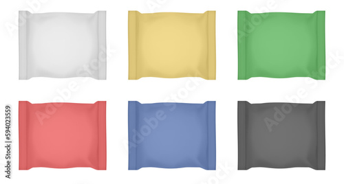 Set of white, gold, green, red, black and blue flow packs. Chocolate bar or ice cream wrapper. Silver foil bag. Realistic 3d mockup of a cookie snacks. Pouch