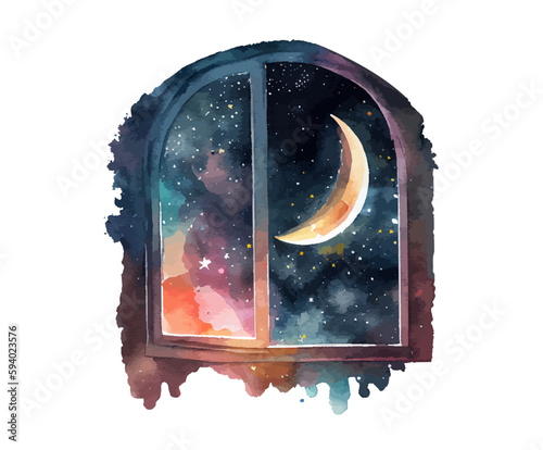 Watercolor composition view from the window night with a month. Night starry sky. Fairy window. Ideal for postcard, advertisement, book, poster, banner. Vector illustration