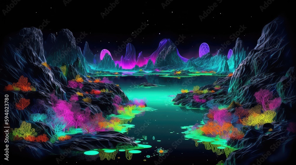 3D Abstract World, neon spring fields full of flowers and birds Vector illustration, mountains and flowering meadows and magical creatures in the background, epi