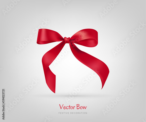 Realistic vector illustration of a red ribbon tied in a bow on a white background for anniversaries, birthdays, Christmas, weddings and other celebrations. Perfect for greeting cards, banners