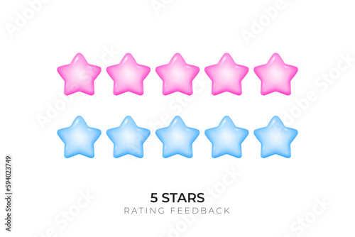A vector illustration of a 3D 5 star rating system with a white background and glossy elements. Website rating  and online reviews of kids games. Pink and blue stars.