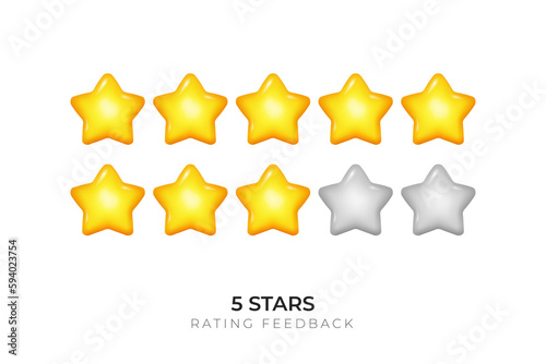 A vector image of a 3D five yellow star rating system, white background and a minimal design. It can be used for customer feedback, product evaluation, website rating, positive feedback