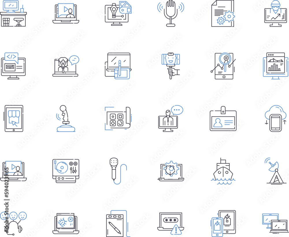 Technology sector line icons collection. Innovation, Digitalization, Automation, Cybersecurity, Big data, Cloud computing, Artificial intelligence vector and linear illustration. Robotics,Internet of