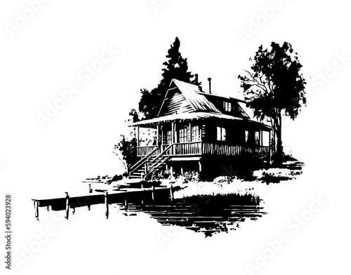 Lake house. Black and white style. Fisherman's house. Family holiday. Country life. Fishing. Design for postcard, book, poster, banner. Vector illustration