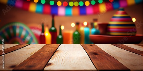 Image of wooden table in front and abstract blurred bright cinco de mayo background. Generative Ai. photo