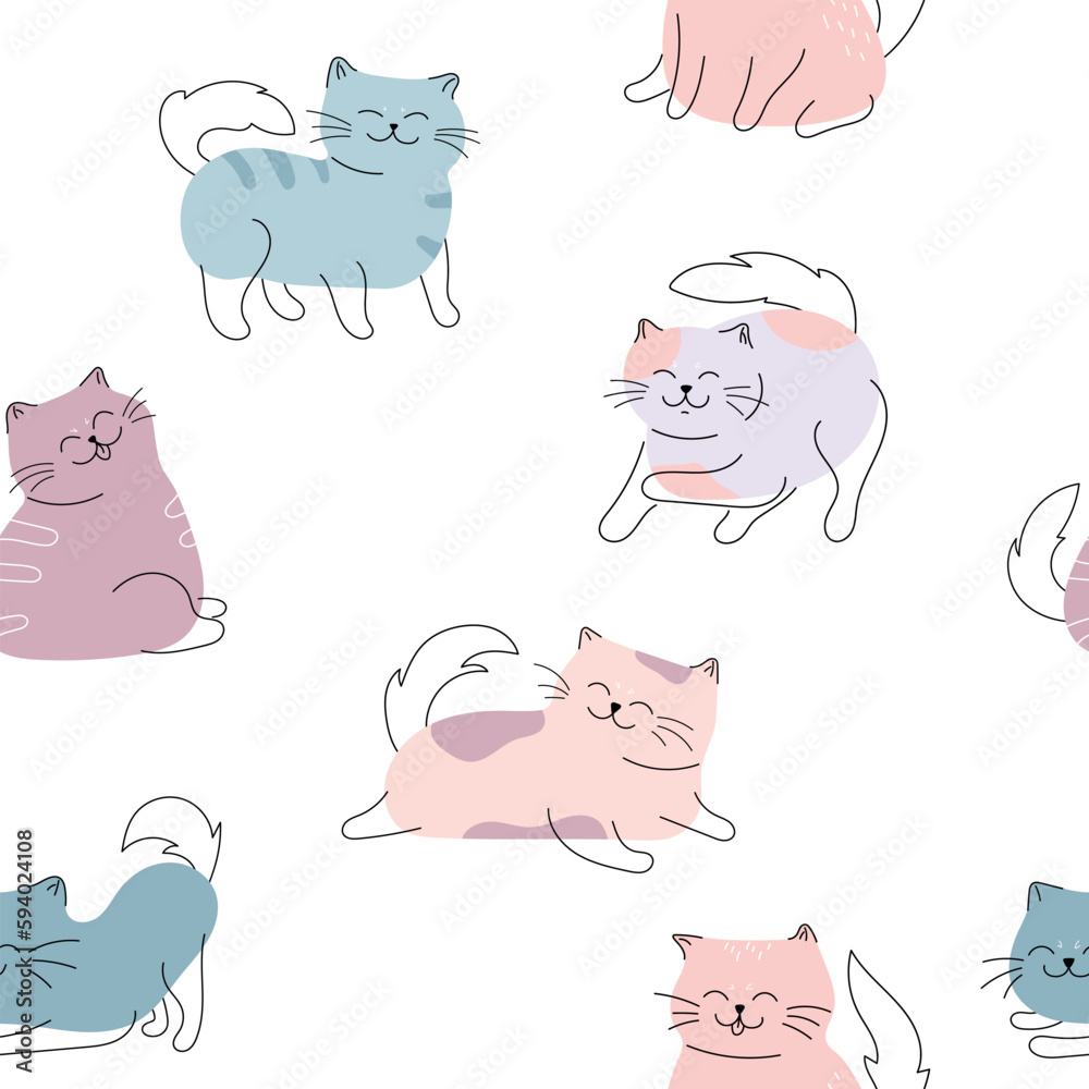 Seamless pattern with cute and funny cats. Cats with color in different poses. Vector illustration of a cat and kittens. Cats drawn in doodle style Seamless pattern with cute and funny cats. Cats with color in different poses. Vector illustration of a cat and kittens. Cats drawn in doodle style