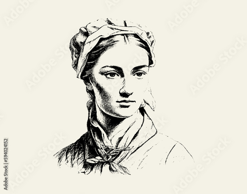 A cute girl maid is shown in pencil on an isolated background. The heroine of the film. Engraved drawing. Black and white style. Ideal for postcard, book, poster, banner. Doodle. Vector illustration