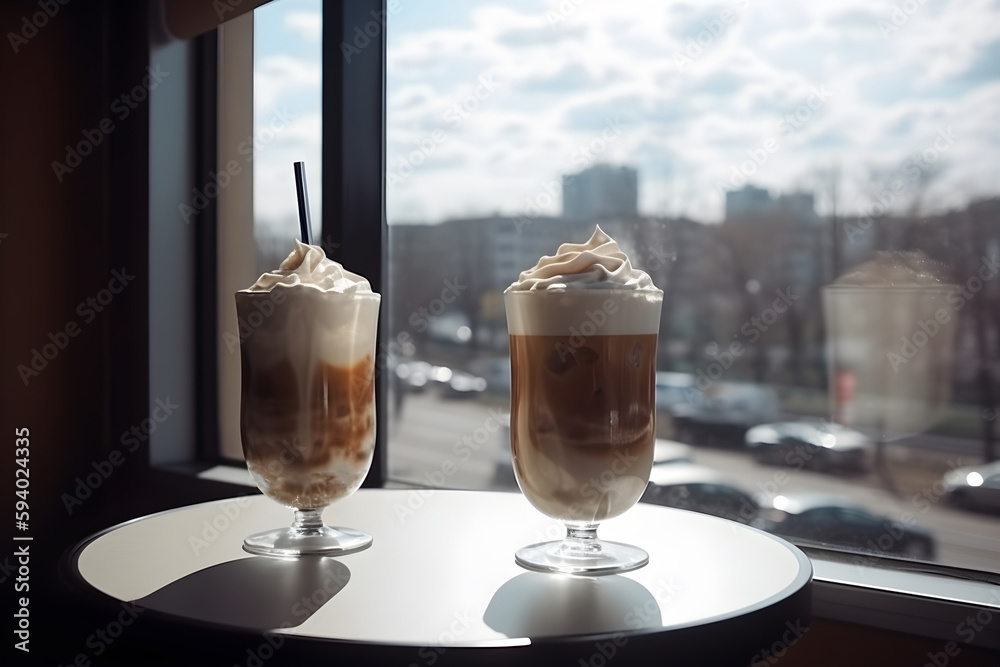 Vienna coffee in tall transparent glass on table