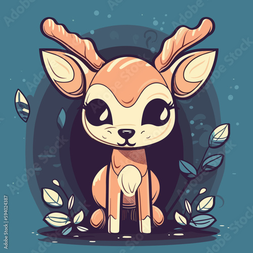 Cute kawaii fawn deer calf in a magical forest, Flat vector illustration for kids