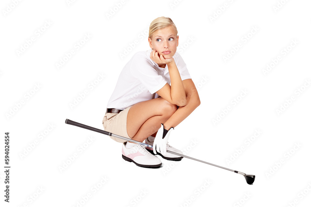 Golf, woman thinking or bored face with club for sports activity or kneeling thoughtful. Athlete golfer person waiting, upset or sad about competition fail isolated on a transparent, png background Golf, woman thinking or bored face with club for sports activity or kneeling thoughtful. Athlete golfer person waiting, upset or sad about competition fail isolated on a transparent, png background