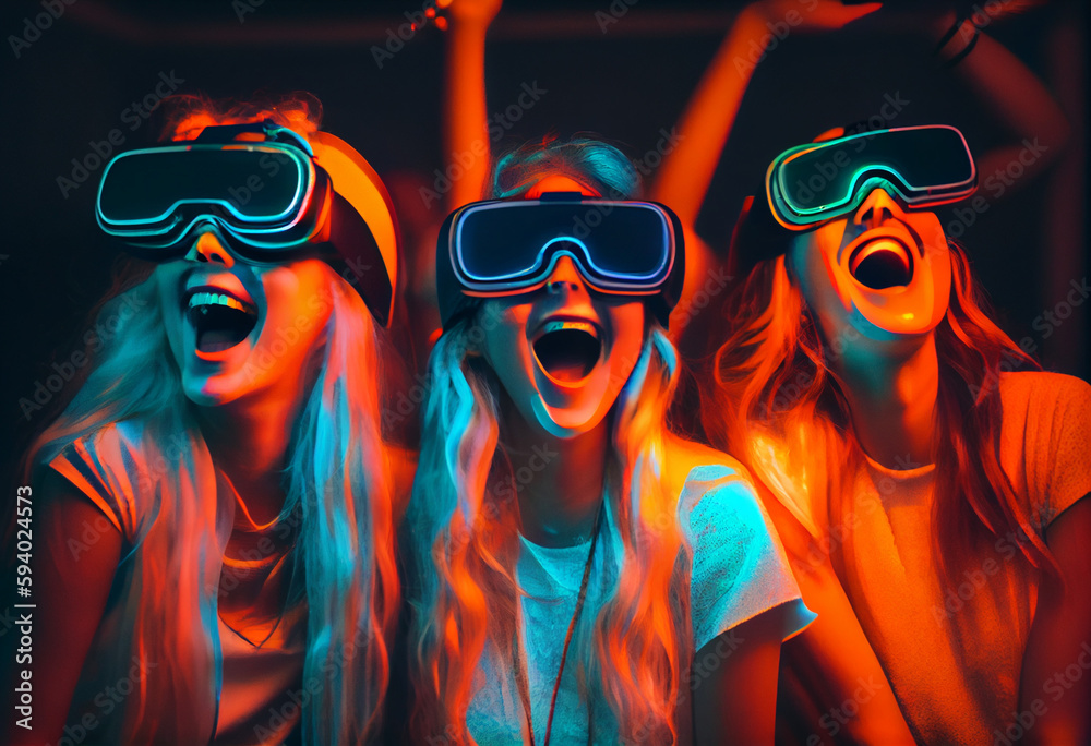 Three young women have fun watching computer animation with virtual reality glasses. Festival neon background. AI generated.