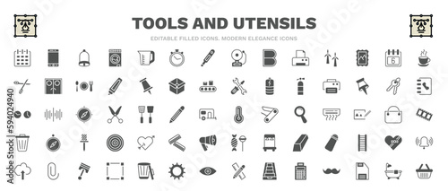 set of tools and utensils filled icons. tools and utensils glyph icons such as calendar page, hanging bell, cup of hot coffee, print button, thermometers, tattoo, attachments, bath tub, empty