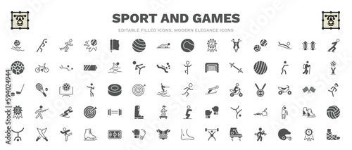 set of sport and games filled icons. sport and games glyph icons such as waterpolo, ice skating man, skating, exercise ball, man sprinting, gym weight, saber, golden medal, sprained ankle vector.