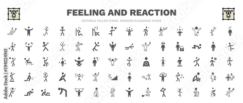 set of feeling and reaction filled icons. feeling and reaction glyph icons such as sorry human, angry human, refreshed human, safe stupid shocked ready satisfied lucky vector.
