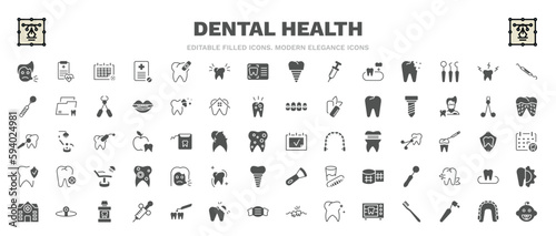 set of dental health filled icons. dental health glyph icons such as sick boy, medical appointment, dental probe, implant fixture, examination, sick girl, headlamp, maxilla, baby vector.