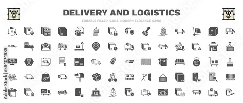 set of delivery and logistics filled icons. delivery and logistics glyph icons such as supply chain, tax free, cargo bus, delivery by motorcycle, express mail, postbox, list, scheduled, by plane