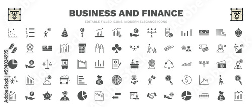 set of business and finance filled icons. business and finance glyph icons such as scatter chart, woman holding big coin, dollar money protection, mortgage and man, supermarket cashier, horizontal