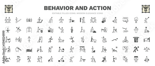 set of behavior and action filled icons. behavior and action glyph icons such as two men meeting, three men conference, man taking a selfie, engineer working, man at restroom, man with flag, stick