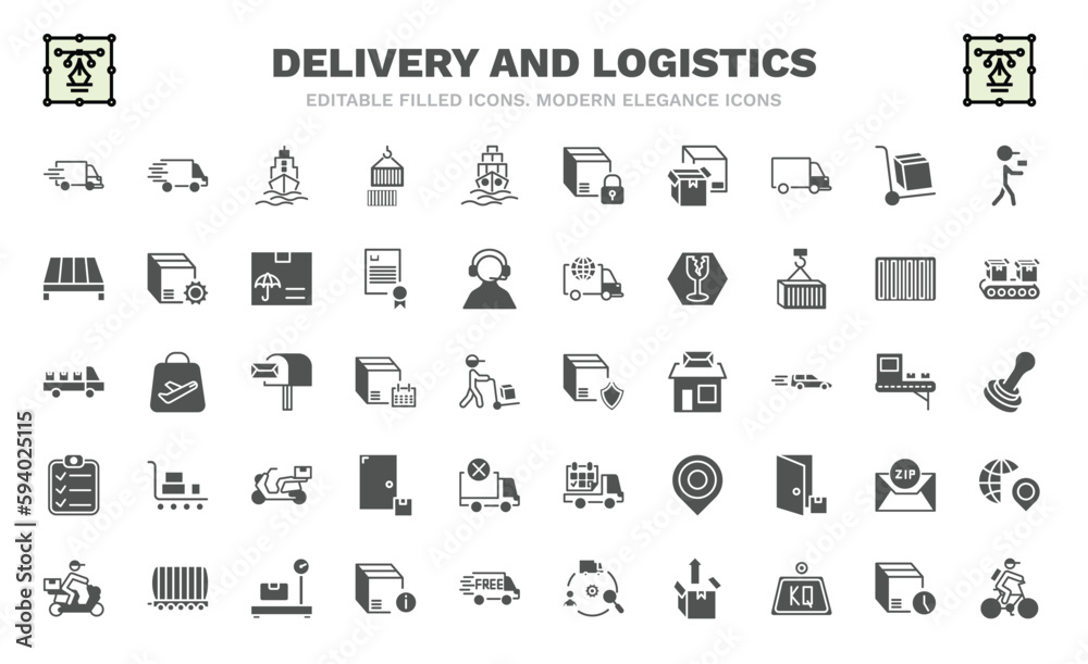 set of delivery and logistics filled icons. delivery and logistics glyph icons such as express delivery, ship by sea, boxes, pallet, cargo, shield, clipboard, by motorcycle, by bike vector. set of delivery and logistics filled icons. delivery and logistics glyph icons such as express delivery, ship by sea, boxes, pallet, cargo, shield, clipboard, by motorcycle, by bike vector.