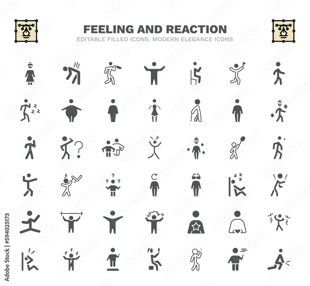 set of feeling and reaction filled icons. feeling and reaction glyph icons such as beautiful human, terrible human, satisfied human, free surprised pissed rough good confident vector.