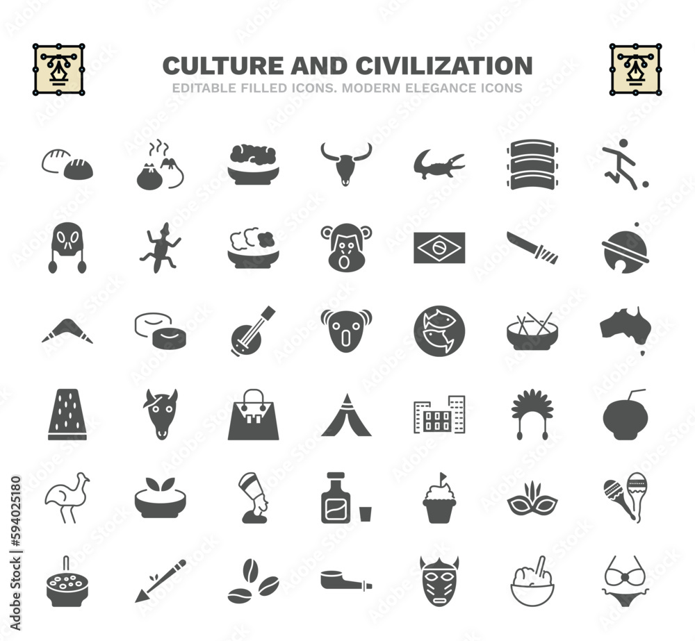 set of culture and civilization filled icons. culture and civilization glyph icons such as steamed bread, corn with pine, australian alligator, knife in sheath, australian koala, horse head,