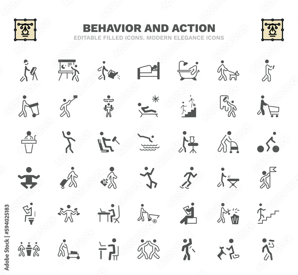 set of behavior and action filled icons. behavior and action glyph icons such as engineer working, watering plants, man bathing, man painting wall, headfirst to water, man travelling, with flag,