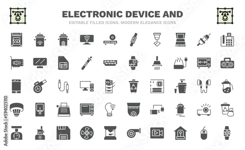 set of electronic device and filled icons. electronic device and glyph icons such as ssd, rice cooker, laser hine, sound card, phones, trash compactor, smoke detector, weighing, smartwatch vector.