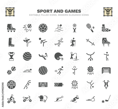 set of sport and games filled icons. sport and games glyph icons such as roller skate, football ball, world cup, weighted bars, baseball helmet, man doing pushups, hockey goal, second prize, boxing