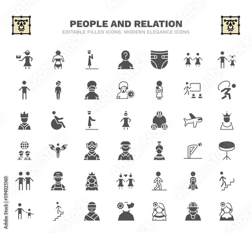 set of people and relation filled icons. people and relation glyph icons such as delivery woman, takbir, baby diaper, classroom stats, bearded woman, grace, round table, bast, kidnapping vector.