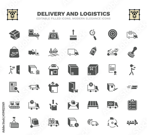 set of delivery and logistics filled icons. delivery and logistics glyph icons such as parcel, weight, inspection, scooter delivery, packages, shipping, express mail, pallet, date vector.
