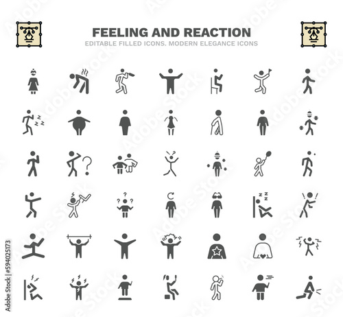 set of feeling and reaction filled icons. feeling and reaction glyph icons such as beautiful human  terrible human  satisfied human  free surprised pissed rough good confident vector.