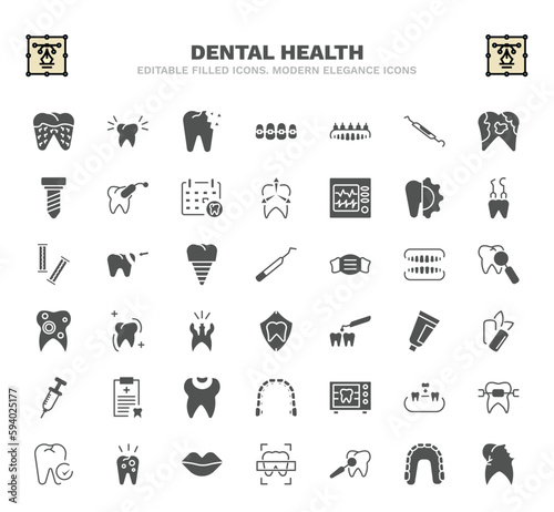 set of dental health filled icons. dental health glyph icons such as bacteria in mouth, holed tooth, dental prosthesis, apicoectomy, periodontal scaler, sealants, mint gum, radiograph, mouth vector.