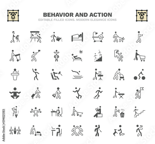 set of behavior and action filled icons. behavior and action glyph icons such as engineer working, watering plants, man bathing, man painting wall, headfirst to water, man travelling, with flag,