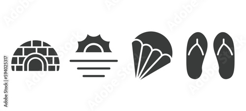 set of travel and trip filled icons. travel and trip glyph icons included igloo, sun, parasailing, flip flop vector.