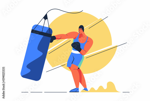 Athlete Boxer man is training hitting sandbag