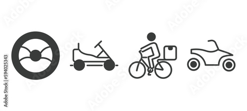 set of transportation filled icons. transportation glyph icons included steering, go kart, delivery bike, quad bike vector.