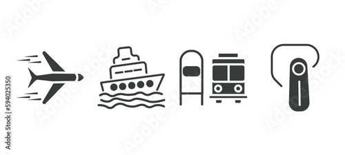 set of transportation filled icons. transportation glyph icons included airplane flying, ferry, scholar bus stop, hands free device vector.