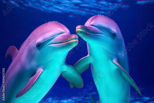 A pair of dolphins in neon colors. Generative AI.