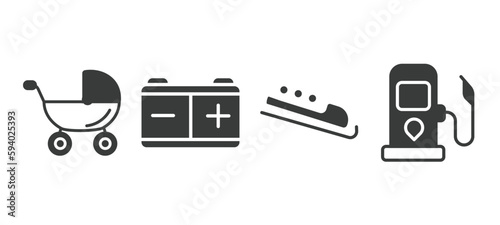 set of transportation filled icons. transportation glyph icons included baby trolley, workshop repair, bobsleigh, petrol station vector.