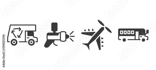 set of transportation filled icons. transportation glyph icons included recycling truck, car painting, light aircraft, school bus empty vector.