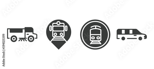 set of transportation filled icons. transportation glyph icons included road sweeper, tram stop, tram stop label, long car vector.