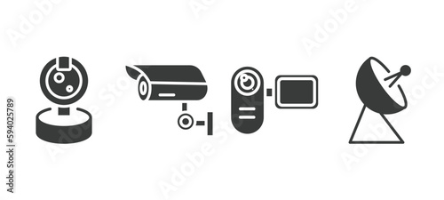 set of technology filled icons. technology glyph icons included front webcam, surveillance camera, video camera front view, satellite station vector.