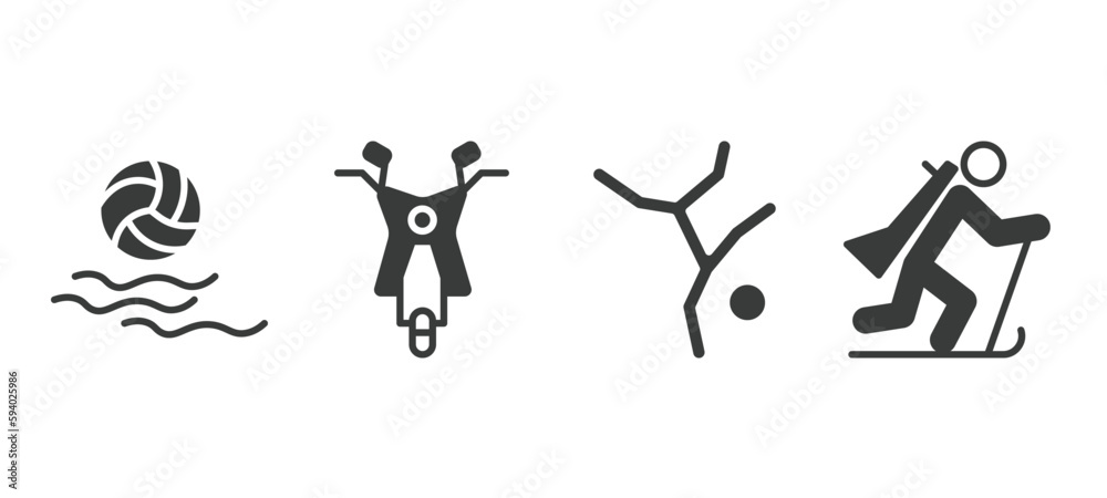 set of sport and games filled icons. sport and games glyph icons included waterpolo, motor sports, breakdance, biathlon vector.