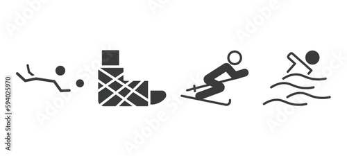 set of sport and games filled icons. sport and games glyph icons included volleyball motion, sprained ankle, slalom, swimming figure vector.