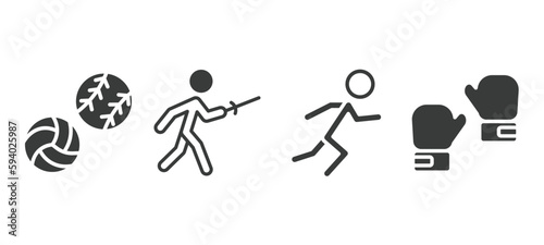 set of sport and games filled icons. sport and games glyph icons included balls, medieval fencing, man sprinting, two boxing gloves vector.