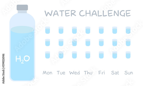 Water Challenge Calendar. Water Balance Calendar. Water weekly Tracker. From Monday to Sunday. Hydration Challenge. Flat vector illustration. Drinking water checklist with bottle and cups.