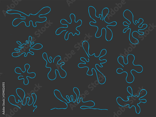 Set of different liquid splaches from neon blue line on blackboard. Splashes of water in different directions, linear vector illustration in cartoon style on Black background.