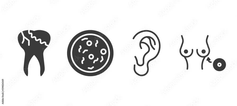 set of medical filled icons. medical glyph icons included caries, bacteria, ear, breast implant vector. set of medical filled icons. medical glyph icons included caries, bacteria, ear, breast implant vector.