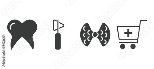 set of medical and healthcare filled icons. medical and healthcare glyph icons included molar tooth, medical hammer tool, thyroid gland, phary shopping cart vector.